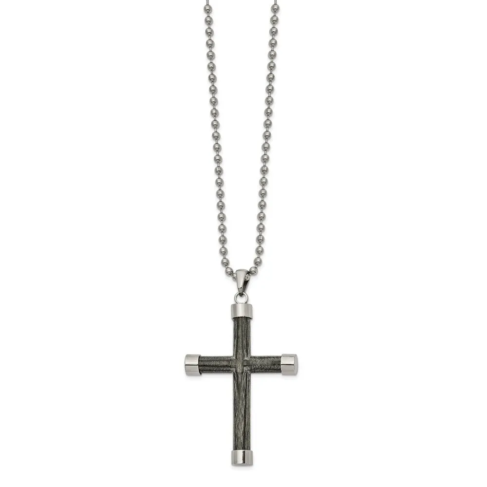 Men's Stainless Steel & Gray Wood 3D Cross Necklace, 24 Inch