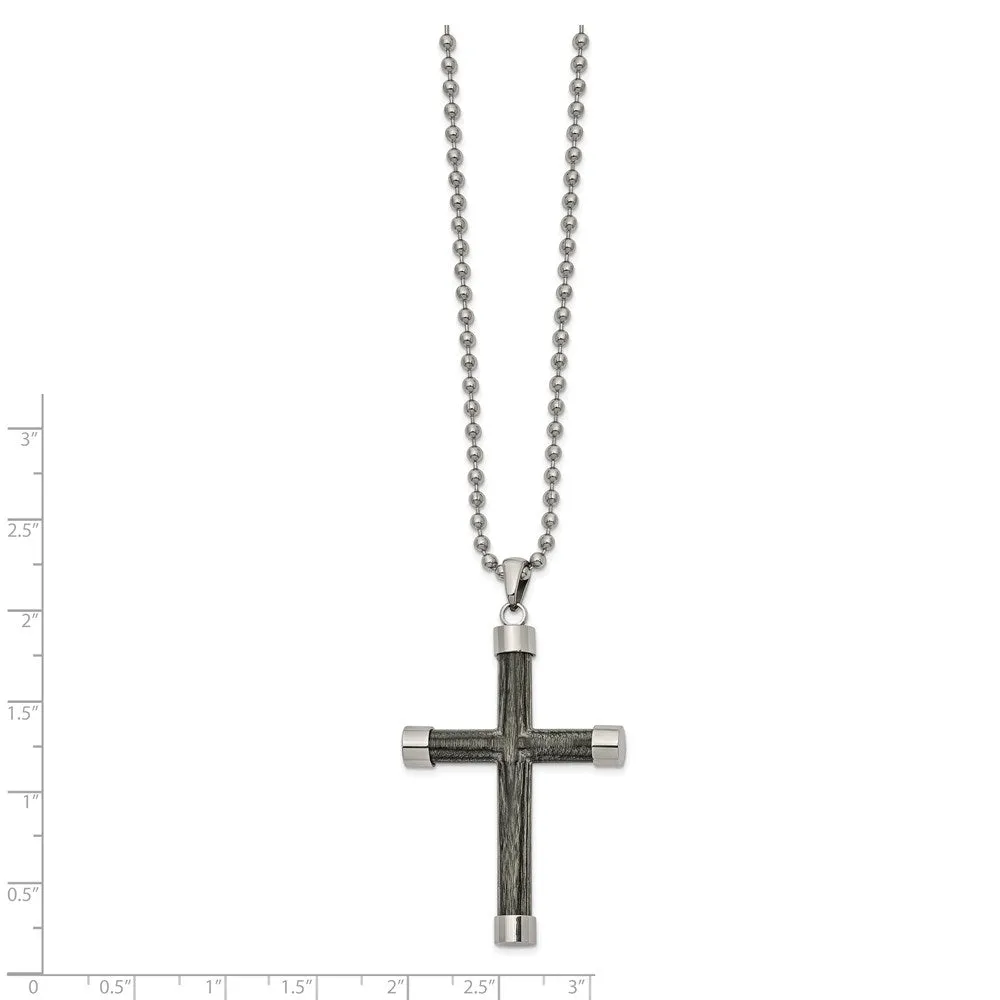 Men's Stainless Steel & Gray Wood 3D Cross Necklace, 24 Inch