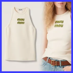 MiuMiu  |Crew Neck Sleeveless Plain Cotton Logo Tanks & Camisoles