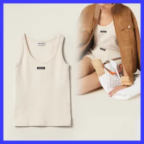 MiuMiu  |Sleeveless Plain Cotton Logo Tanks & Camisoles