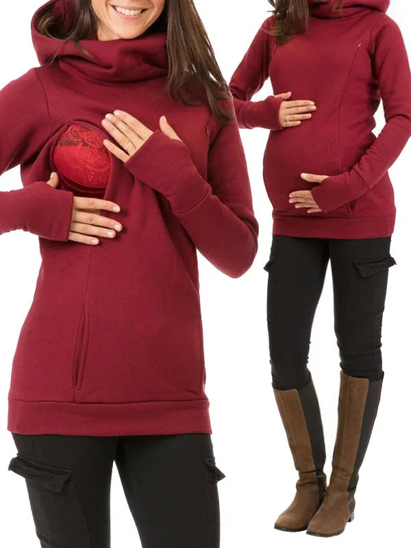 Momnfancy Hooded Solid Color Long Sleeve Baby Shower Maternity Daily Nursing Sweatshirt