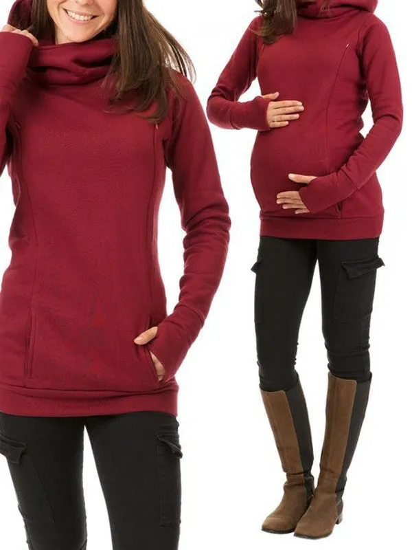 Momnfancy Hooded Solid Color Long Sleeve Baby Shower Maternity Daily Nursing Sweatshirt