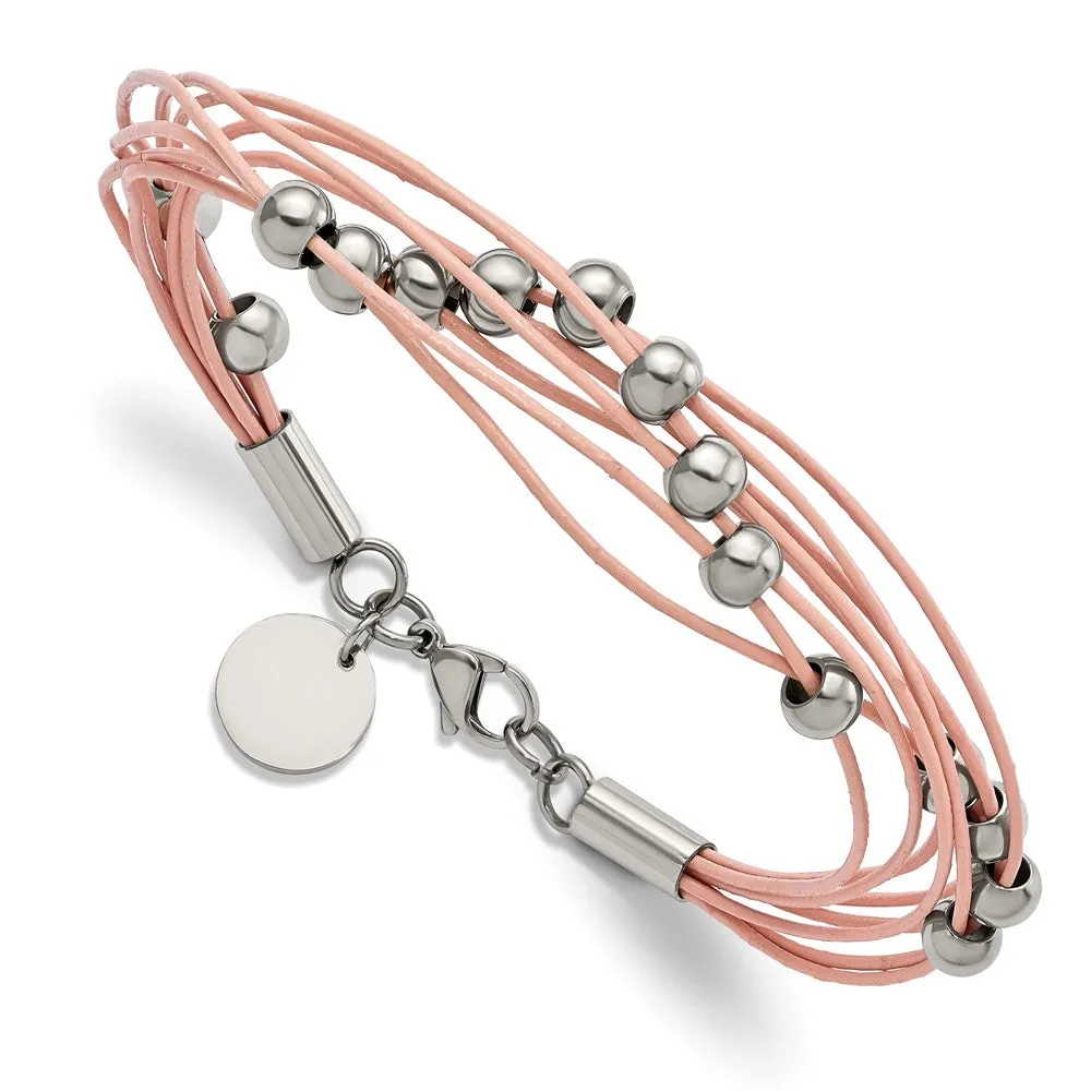 Multi Strand Pink or Gray Leather Stainless Steel Bead Bracelet, 8 In