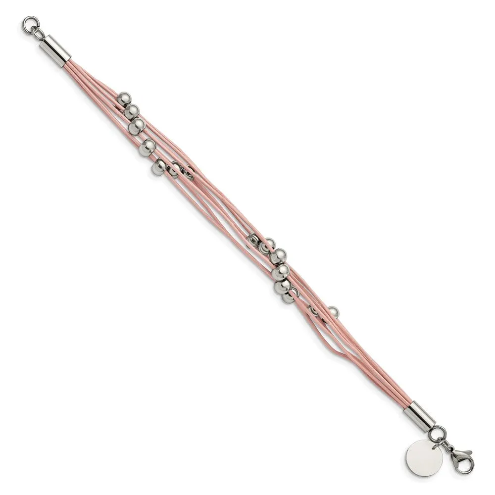 Multi Strand Pink or Gray Leather Stainless Steel Bead Bracelet, 8 In