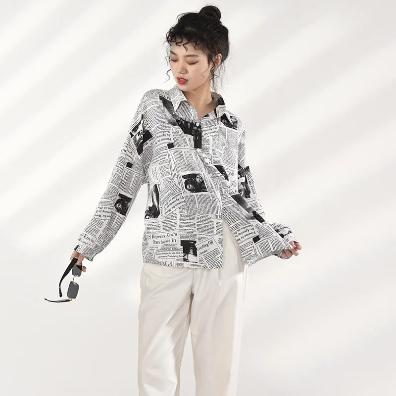 Mutsuko Newspaper Print Long Sleeve Shirt