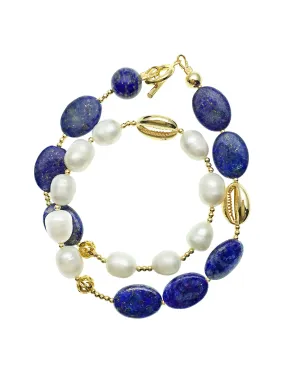 Natural Lapis With Freshwater Pearls Double Wrapped Bracelet DB203