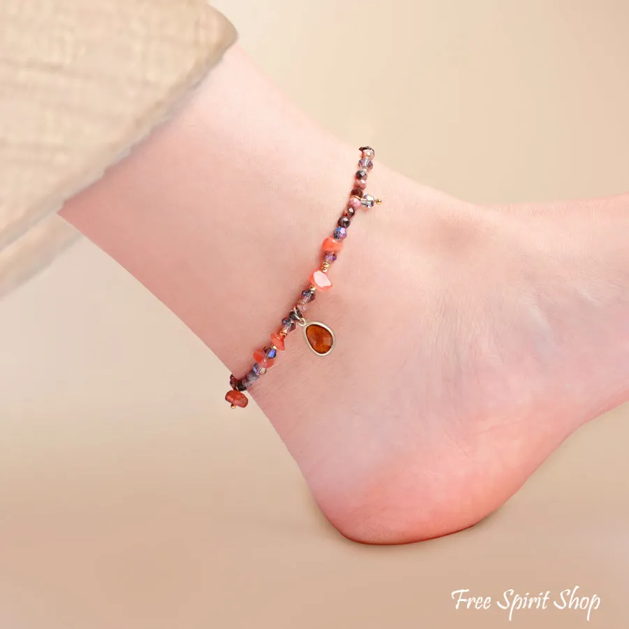 Natural Rhodonite & Carnelian Stone Beaded Anklet