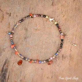 Natural Rhodonite & Carnelian Stone Beaded Anklet