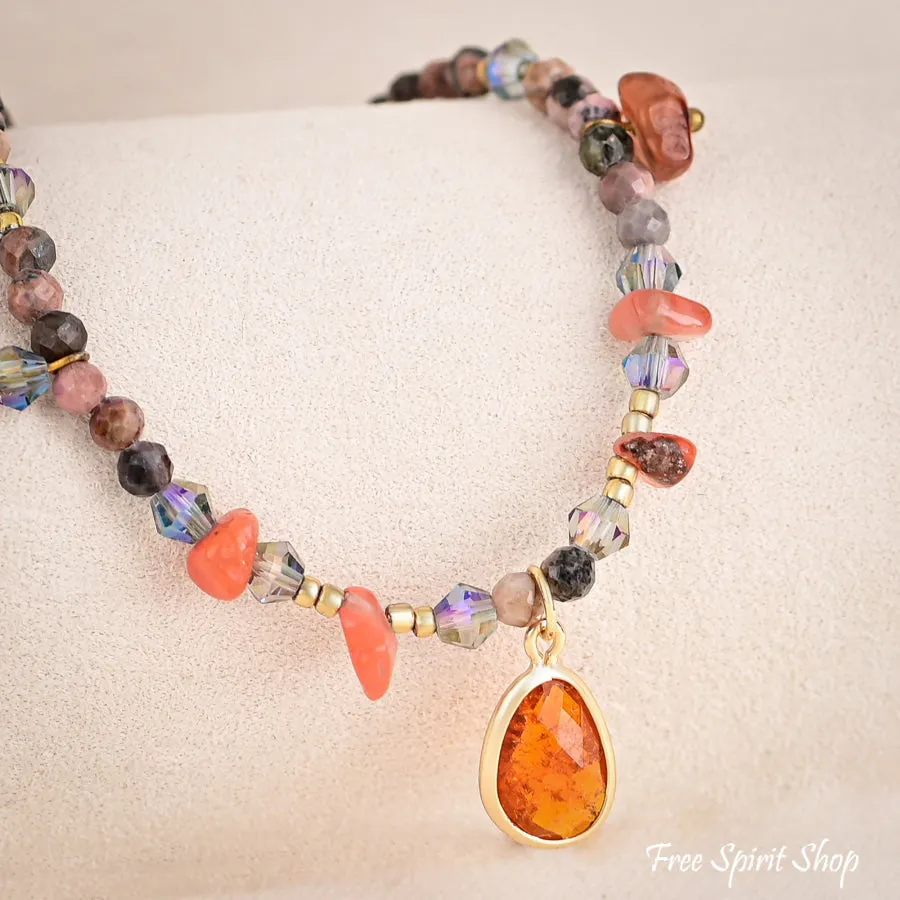 Natural Rhodonite & Carnelian Stone Beaded Anklet