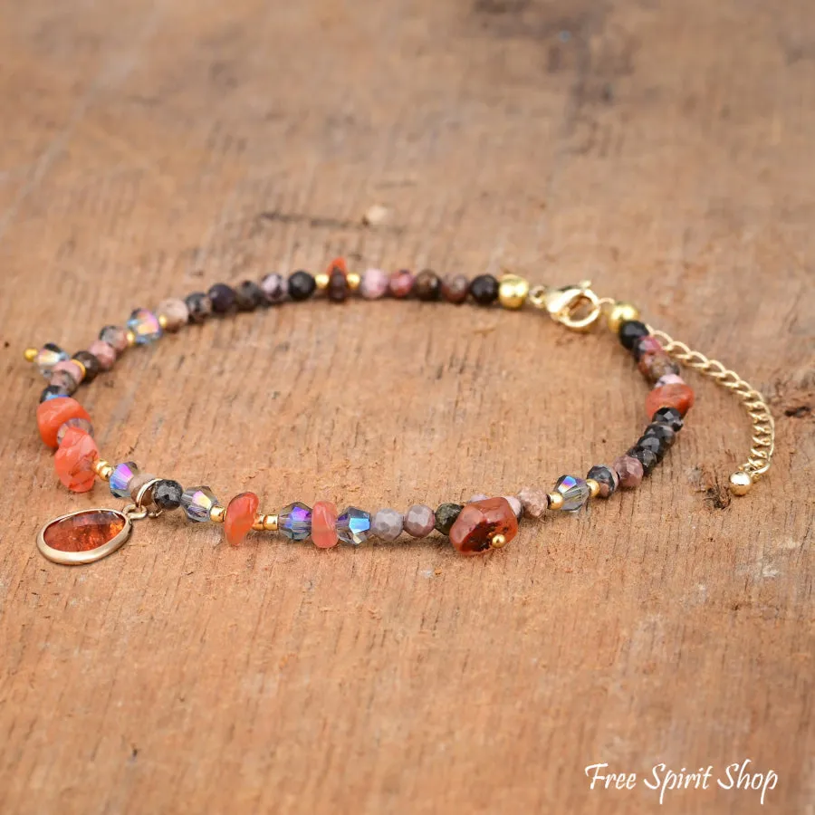 Natural Rhodonite & Carnelian Stone Beaded Anklet