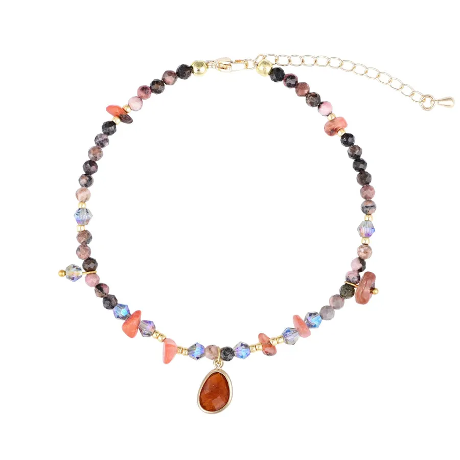 Natural Rhodonite & Carnelian Stone Beaded Anklet