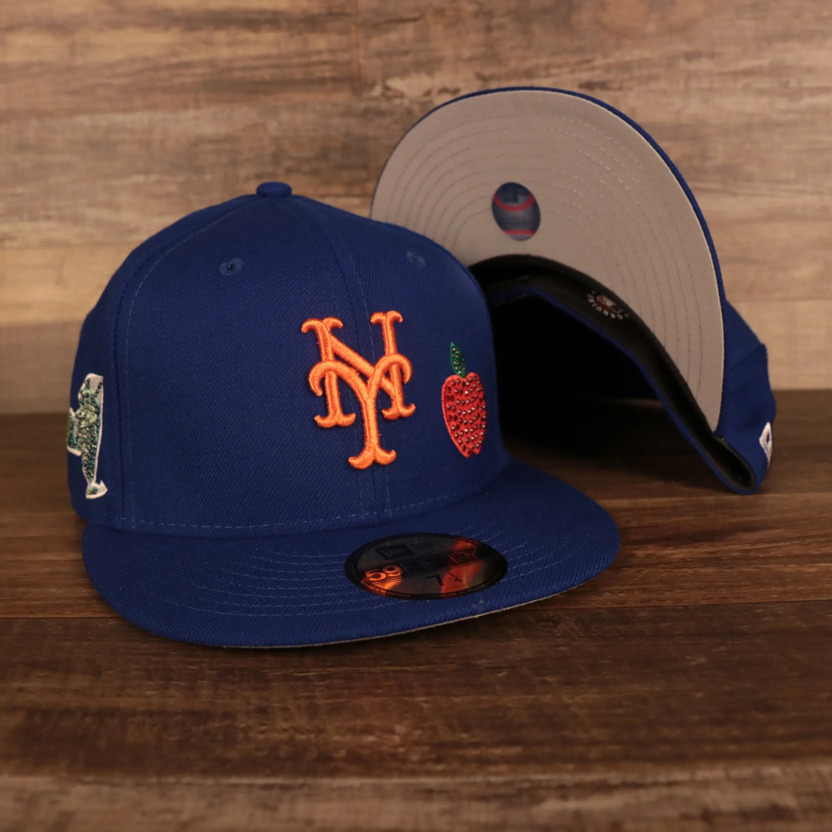 New York Mets Iced Out Side Patch Apple Statue of Liberty Gray Bottom Crystal Icons 59Fifty Fitted Cap