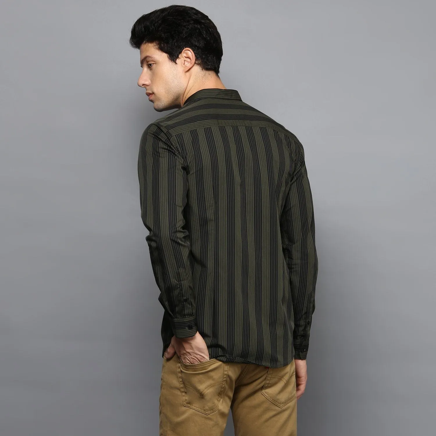 Olive Green Contrast Stripe Shirt