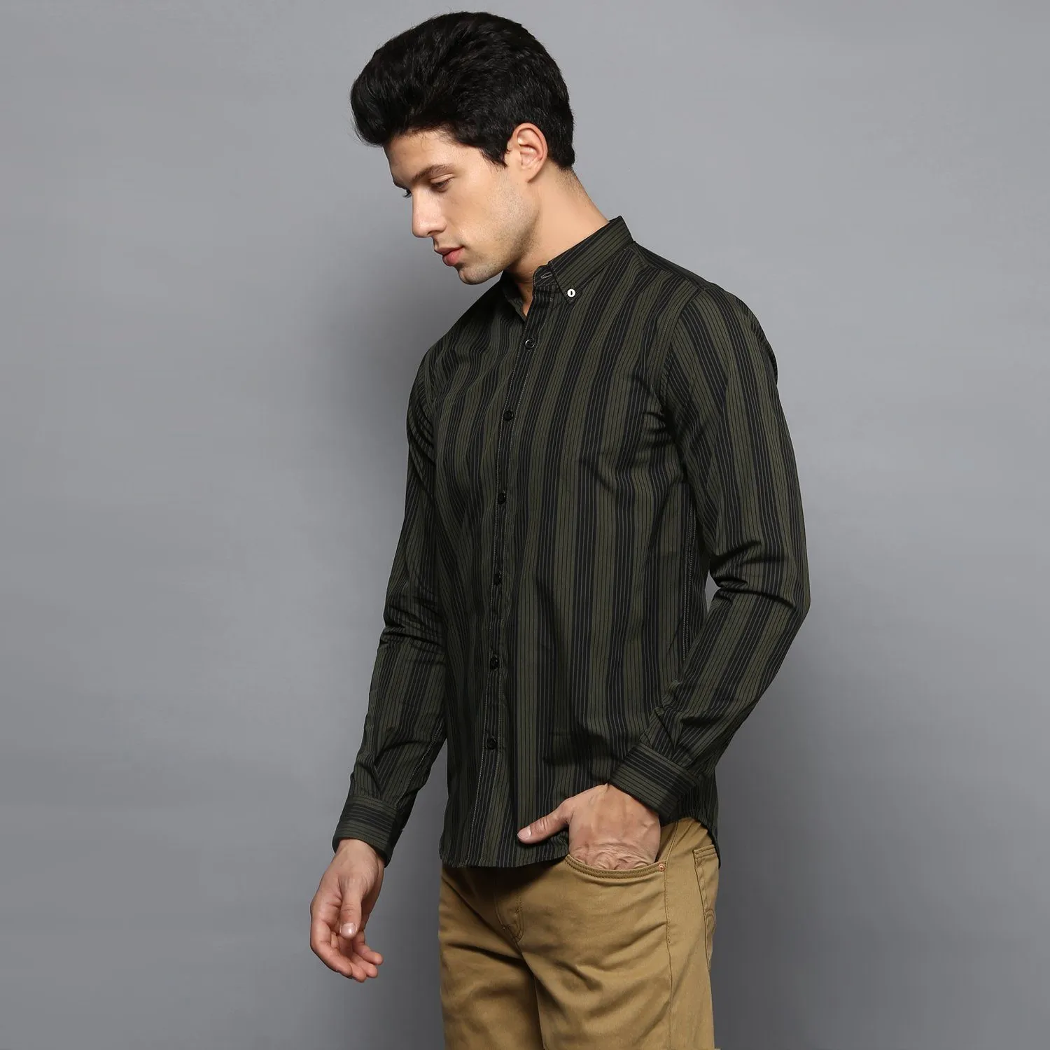 Olive Green Contrast Stripe Shirt