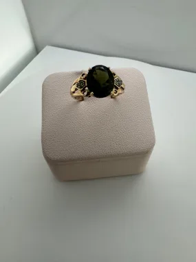 Oval green Stone Yellow Gold Wide band Ring