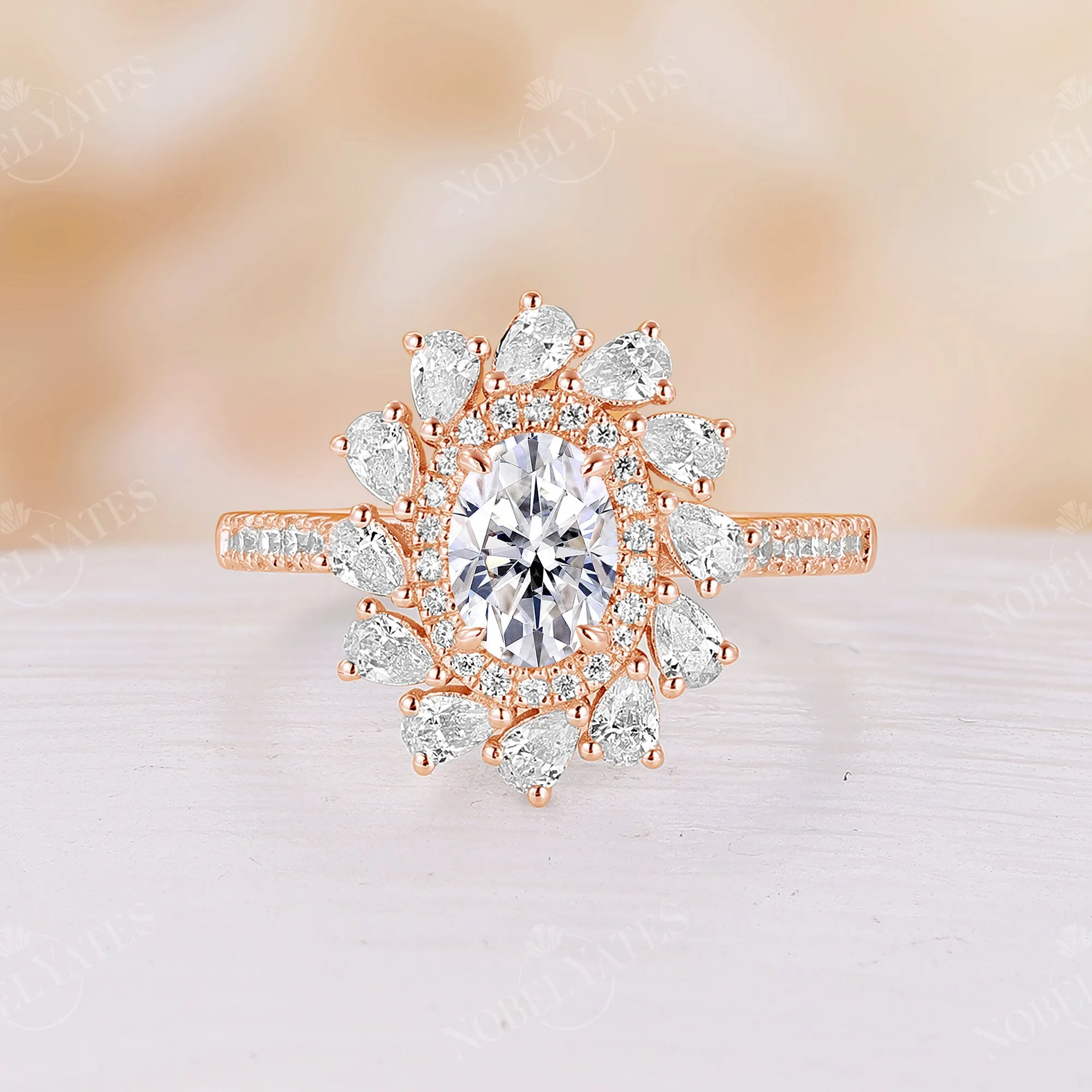 Oval Shape Moissanite Rose Gold Double Halo Engagement Ring