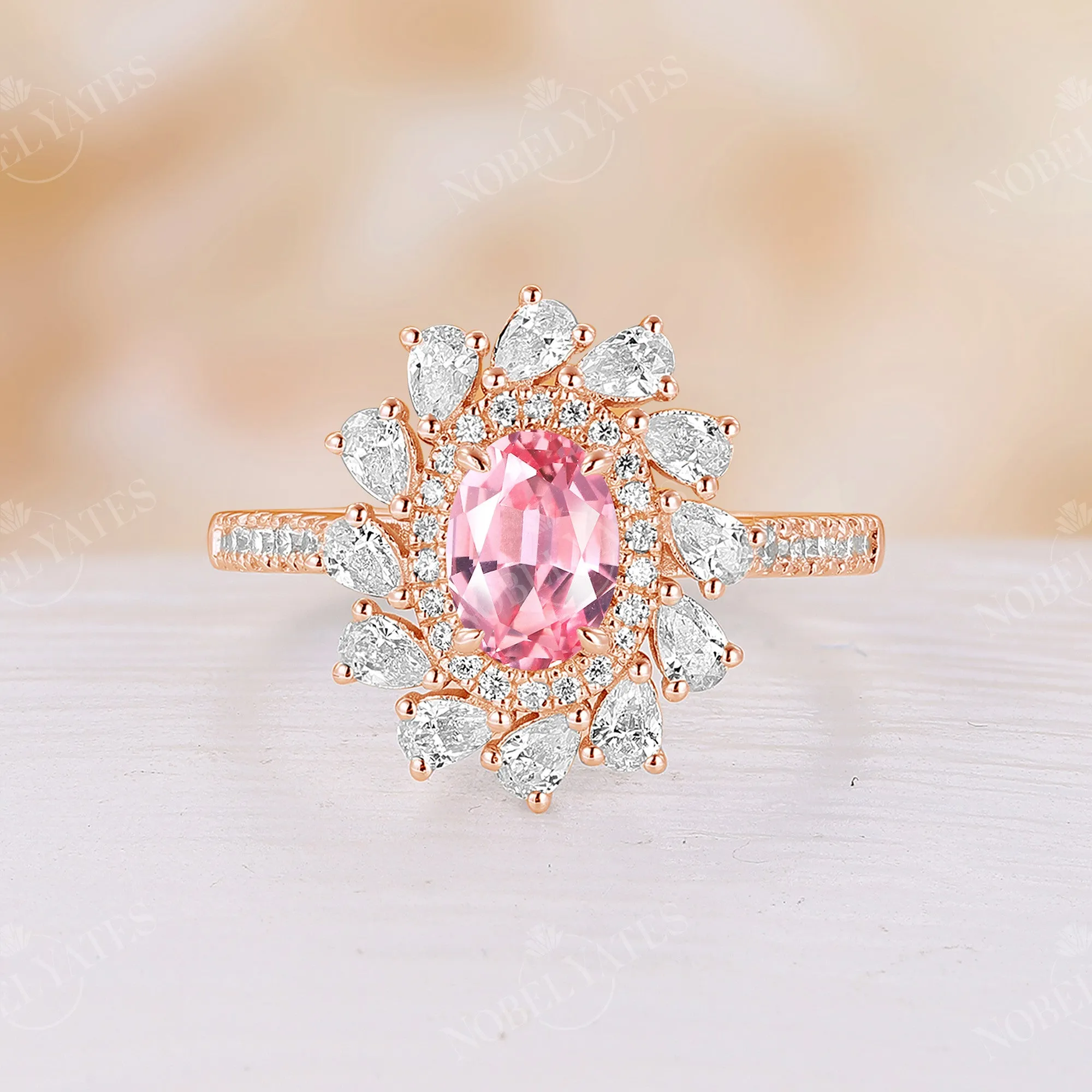 Oval Shape Moissanite Rose Gold Double Halo Engagement Ring