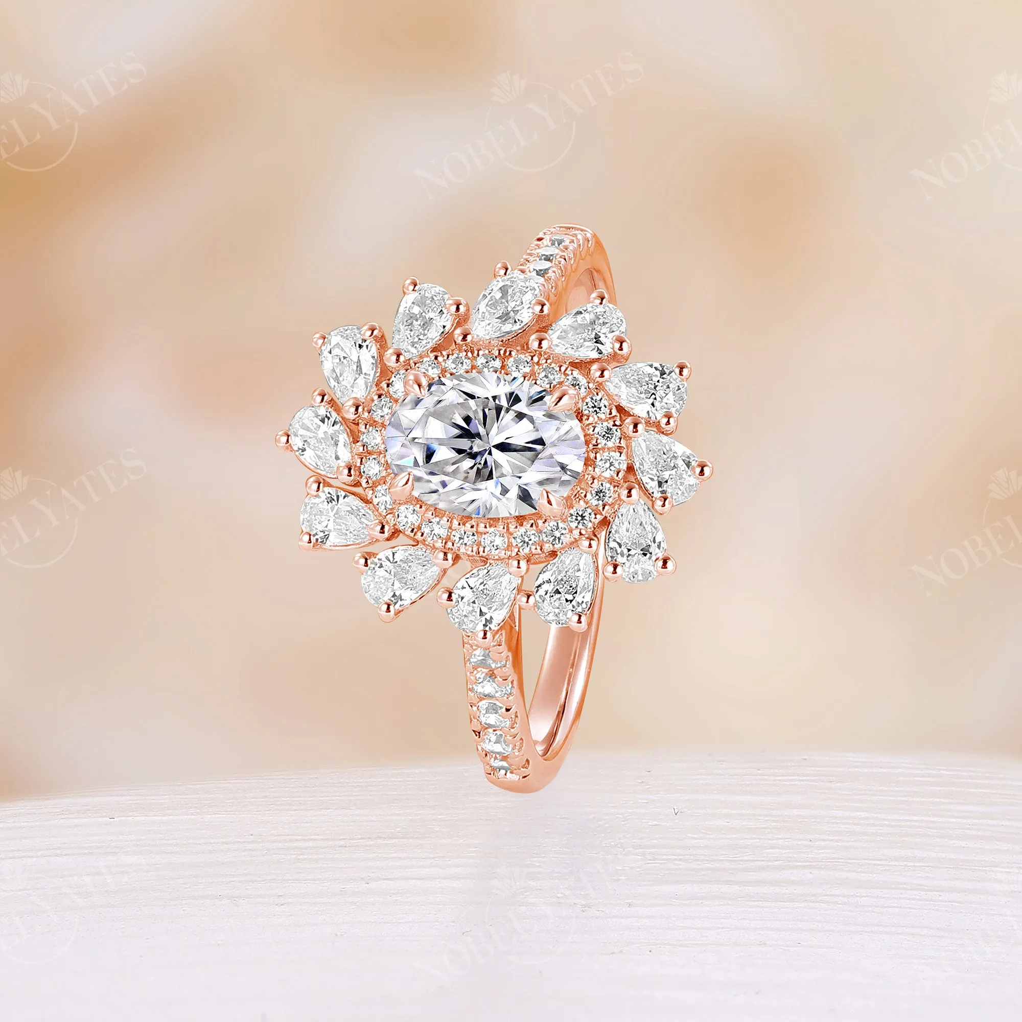 Oval Shape Moissanite Rose Gold Double Halo Engagement Ring