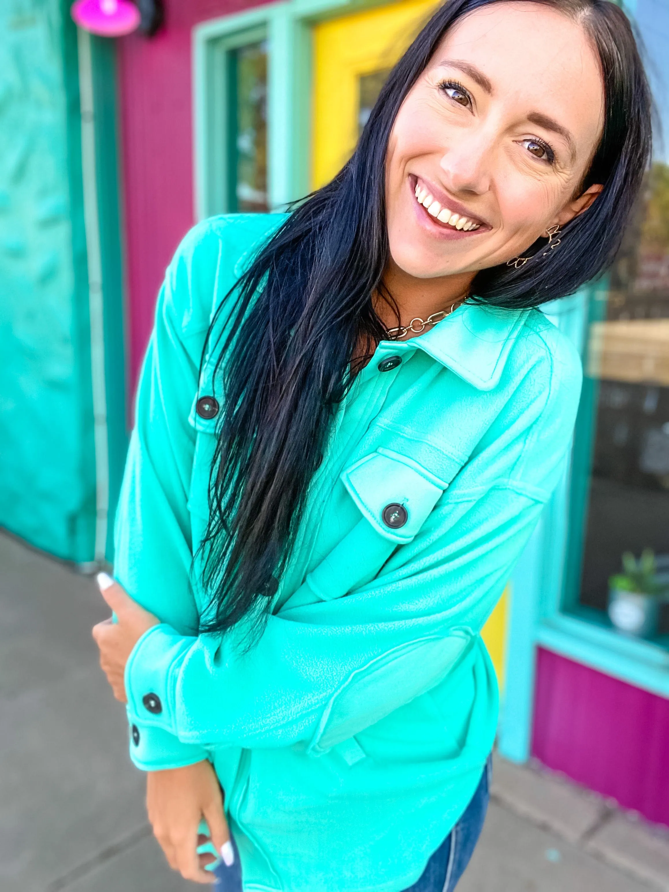 Oversized Fleece Shacket-Minty