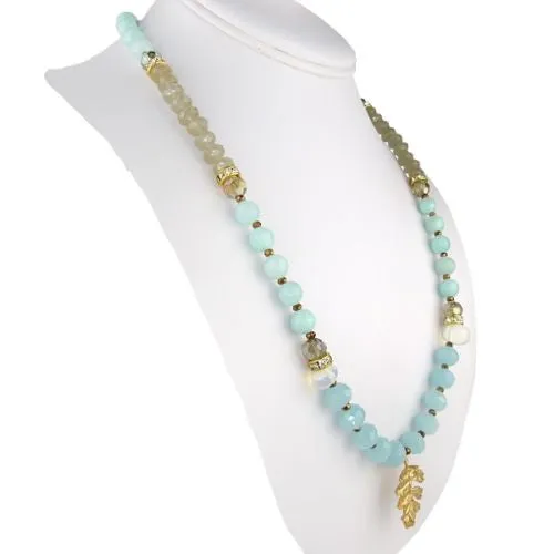 Pale Blue Gray Gold toned Bead Necklace by RUSH Denis Charles Leaf