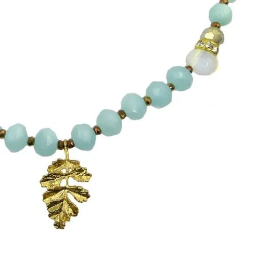 Pale Blue Gray Gold toned Bead Necklace by RUSH Denis Charles Leaf