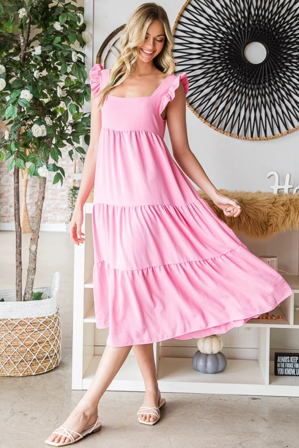 Patches Ruffled Sleeveless Tiered Midi Dress