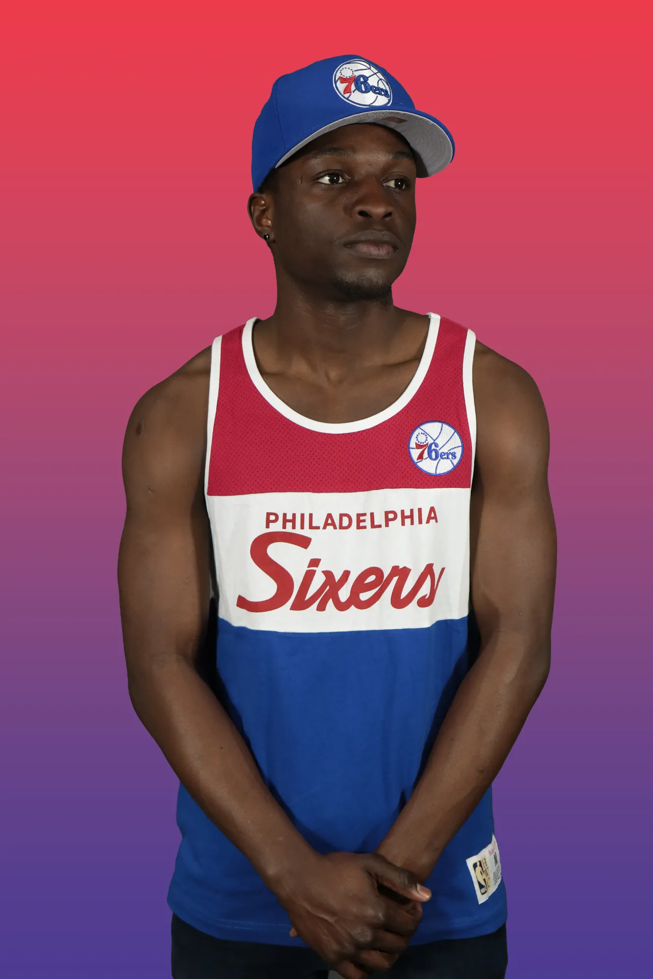 Philadelphia 76ers Hardwood Classics Sixers Script | Red/White/Royal Cotton Tank