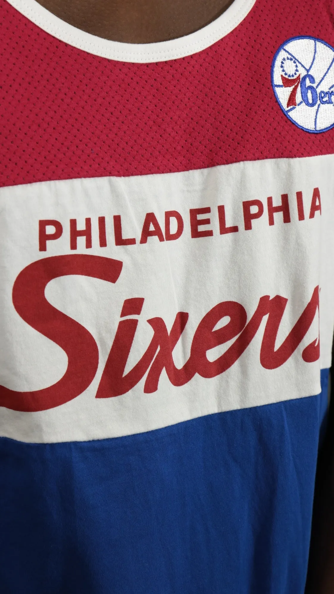 Philadelphia 76ers Hardwood Classics Sixers Script | Red/White/Royal Cotton Tank