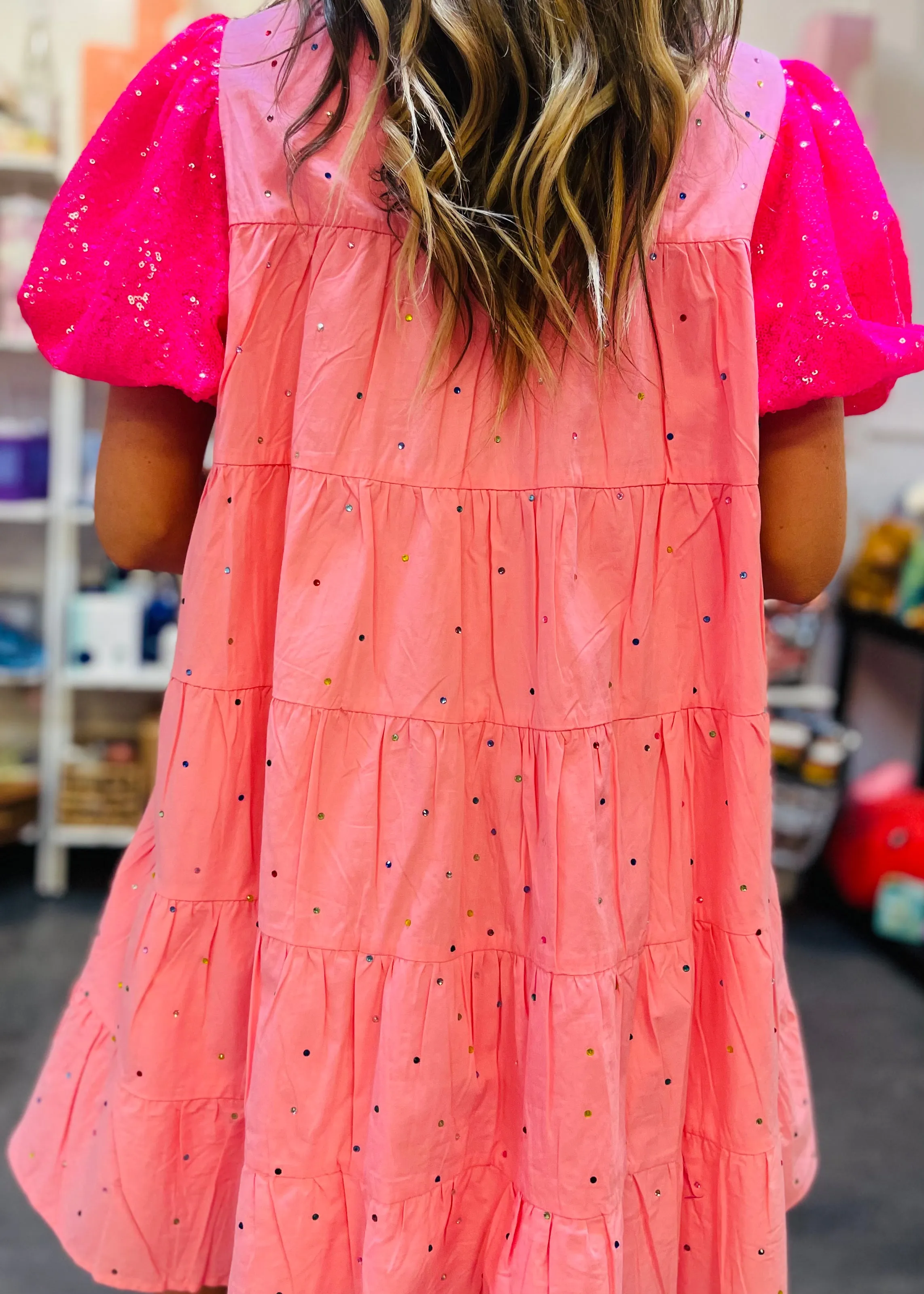 Poplin Tiered Sequin Mini Dress | Pink