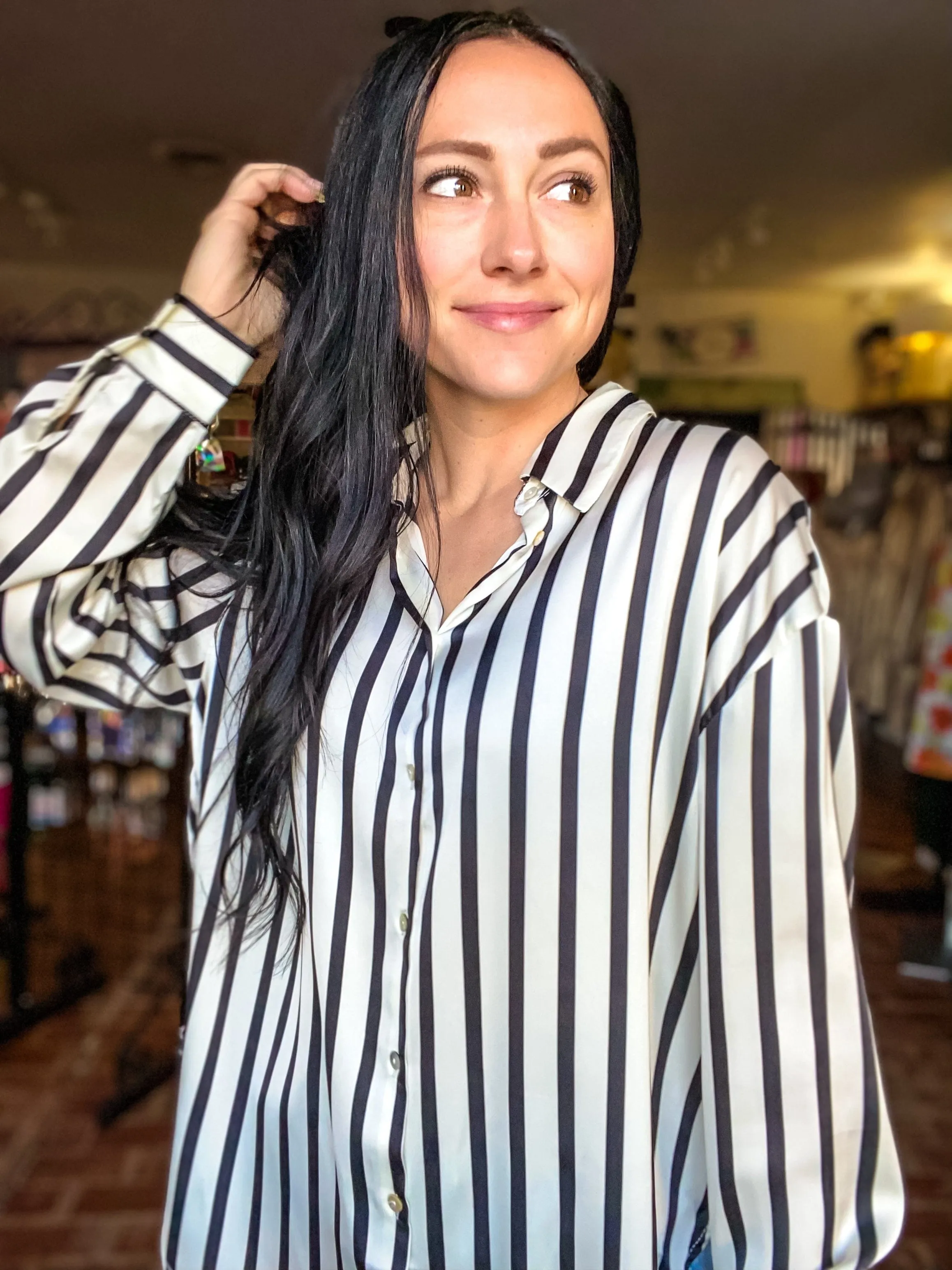 Satin Black and White Skinny Stripe Blouse