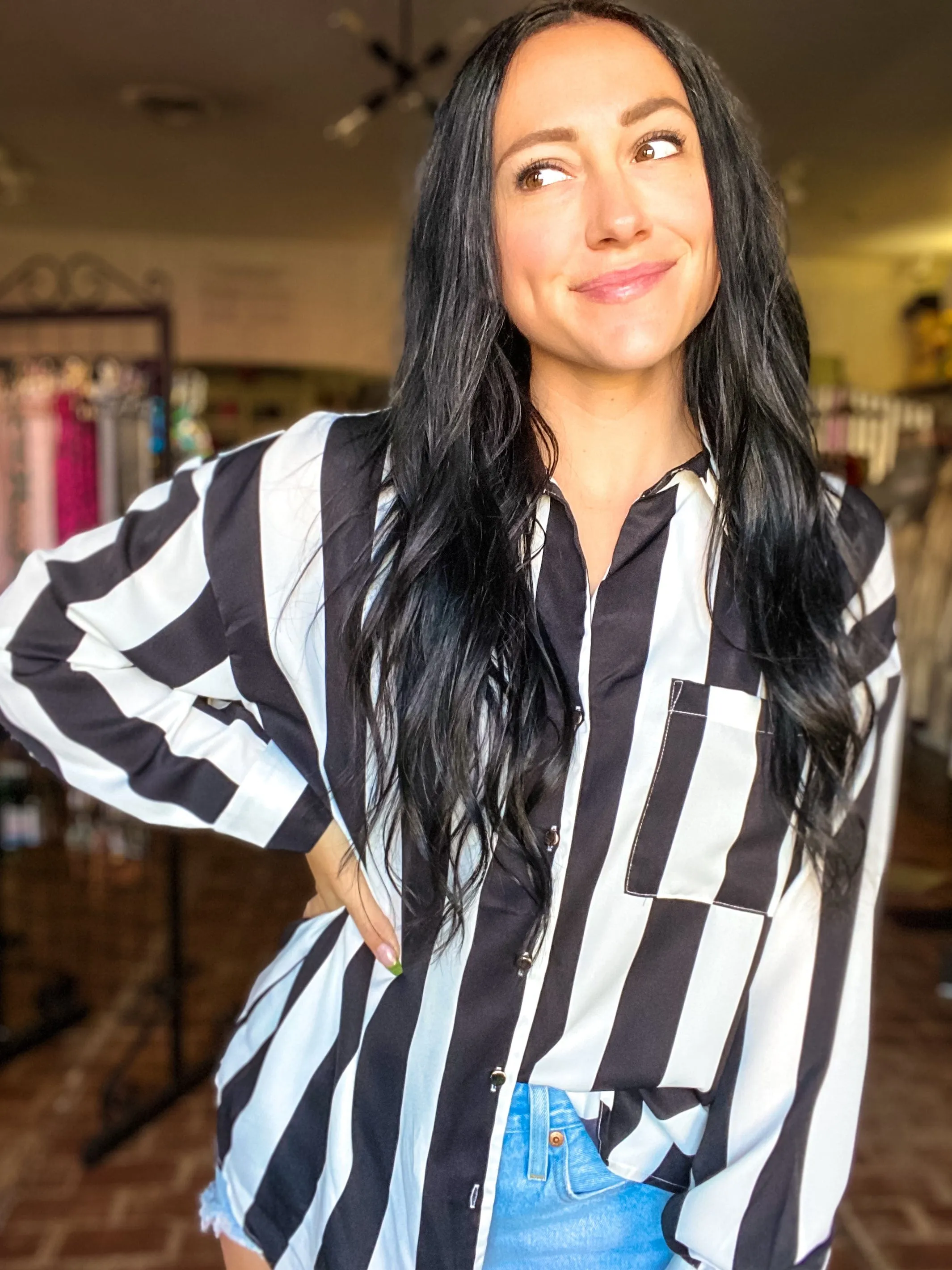 Satin Black and White Stripe Blouse