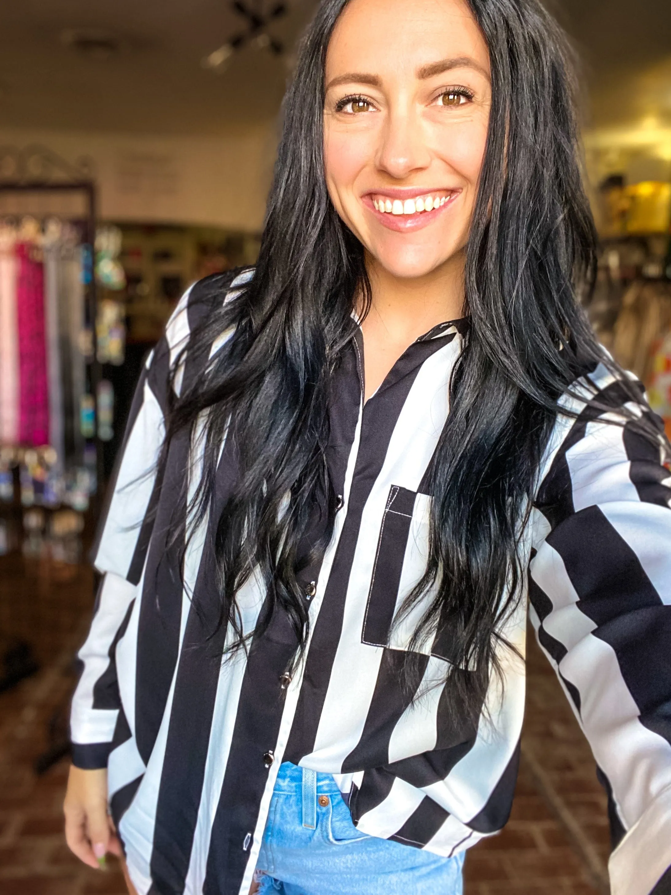 Satin Black and White Stripe Blouse