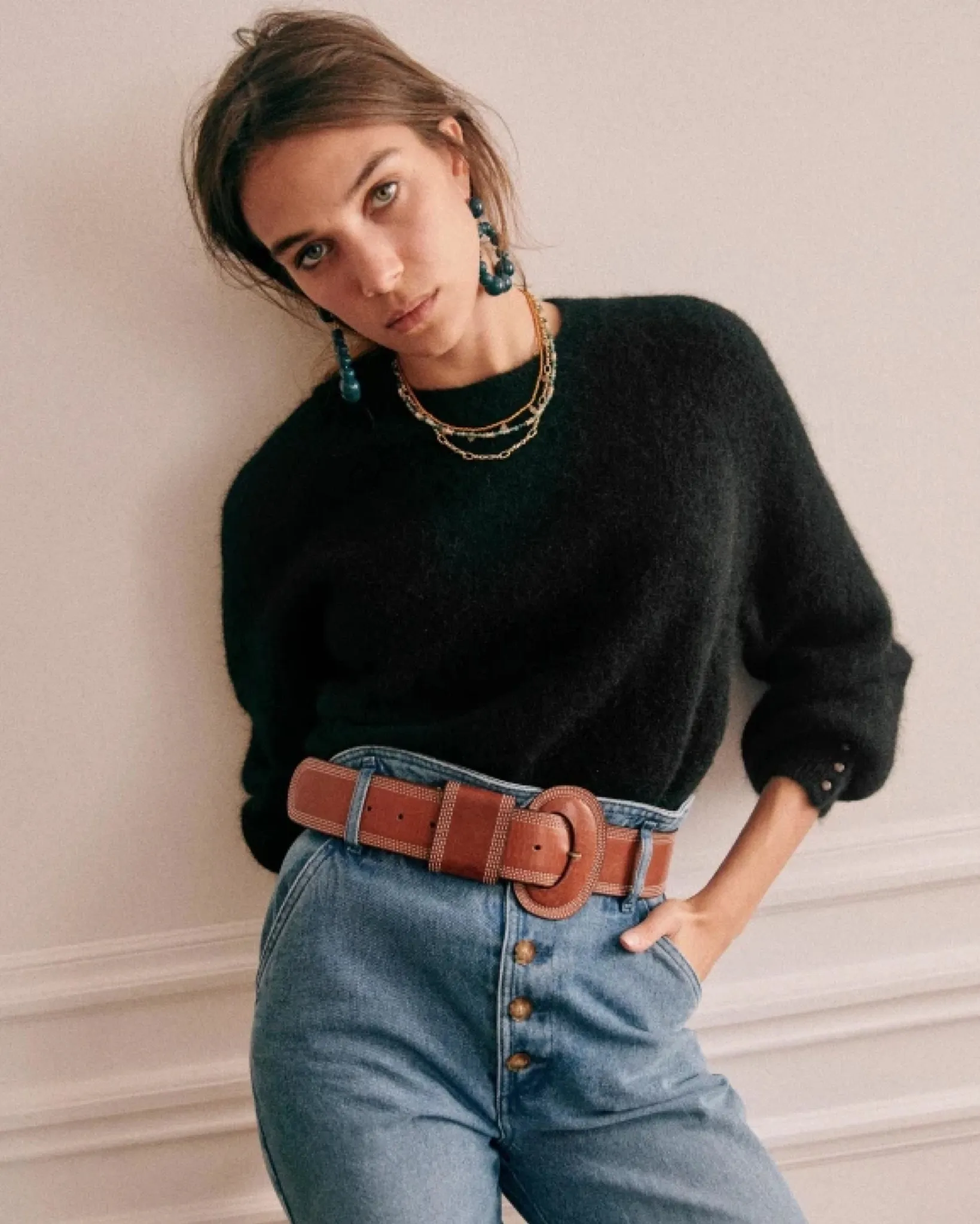 SEZANE  |Casual Style Rib U-Neck Long Sleeves Medium Party Style