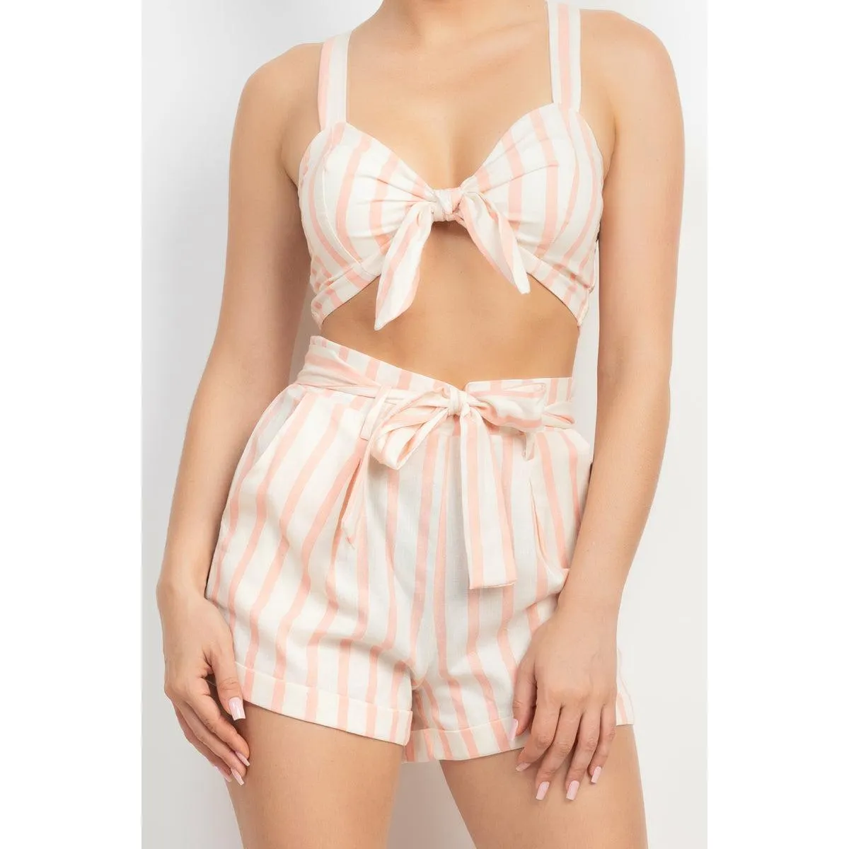 Sleeveless striped print crop top belted shorts set