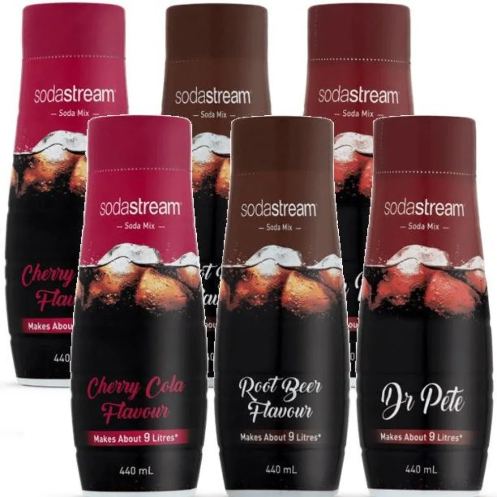 SodaStream Classics USA Cherry Cola + Root Beer + Dr Pete Variety Assorted Syrup Mix 440mL Pack 6