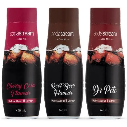 SodaStream Classics USA Cherry Cola + Root Beer + Dr Pete Variety Assorted Syrup Mix 440mL Pack 6