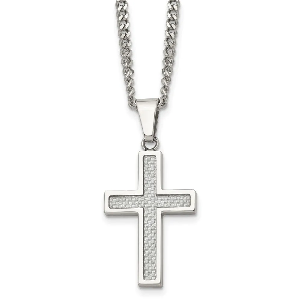 Stainless Steel & Gray Carbon Fiber Small Cross Necklace, 20 Inch