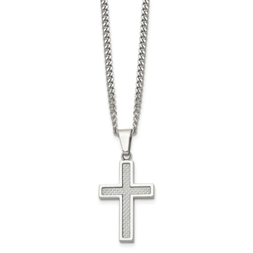 Stainless Steel & Gray Carbon Fiber Small Cross Necklace, 20 Inch