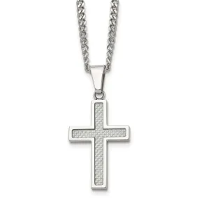 Stainless Steel & Gray Carbon Fiber Small Cross Necklace, 20 Inch