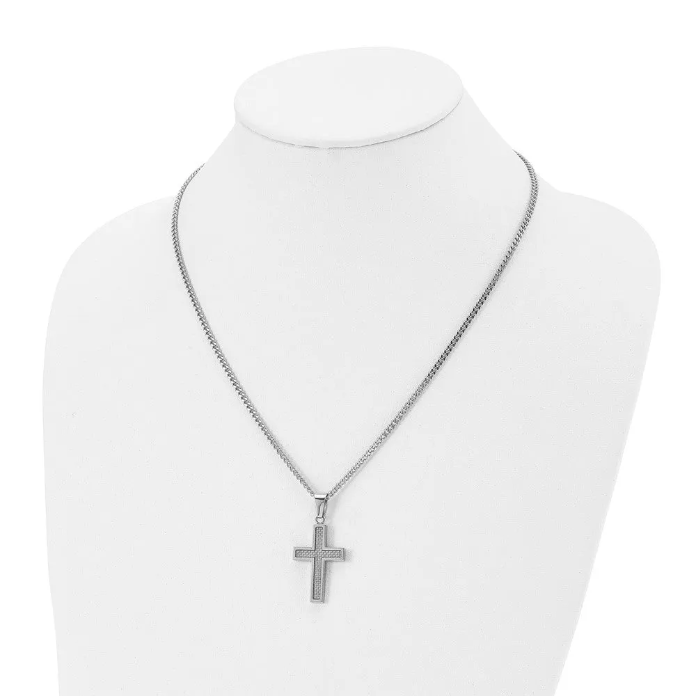 Stainless Steel & Gray Carbon Fiber Small Cross Necklace, 20 Inch