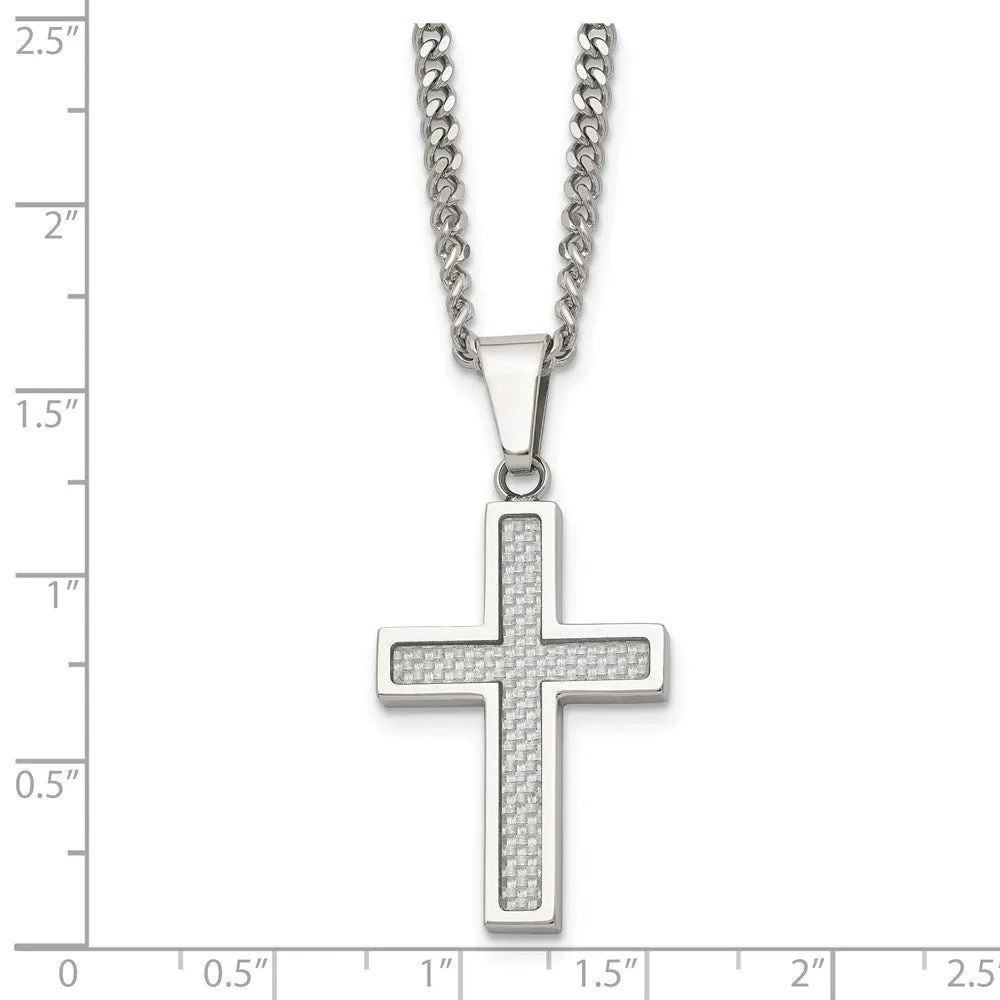 Stainless Steel & Gray Carbon Fiber Small Cross Necklace, 20 Inch