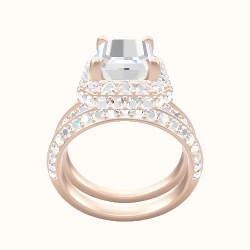 Tapered Knife Edge Double Row Pave Engagement Ring With Low Set Waterfall Halo Head and Matching Band