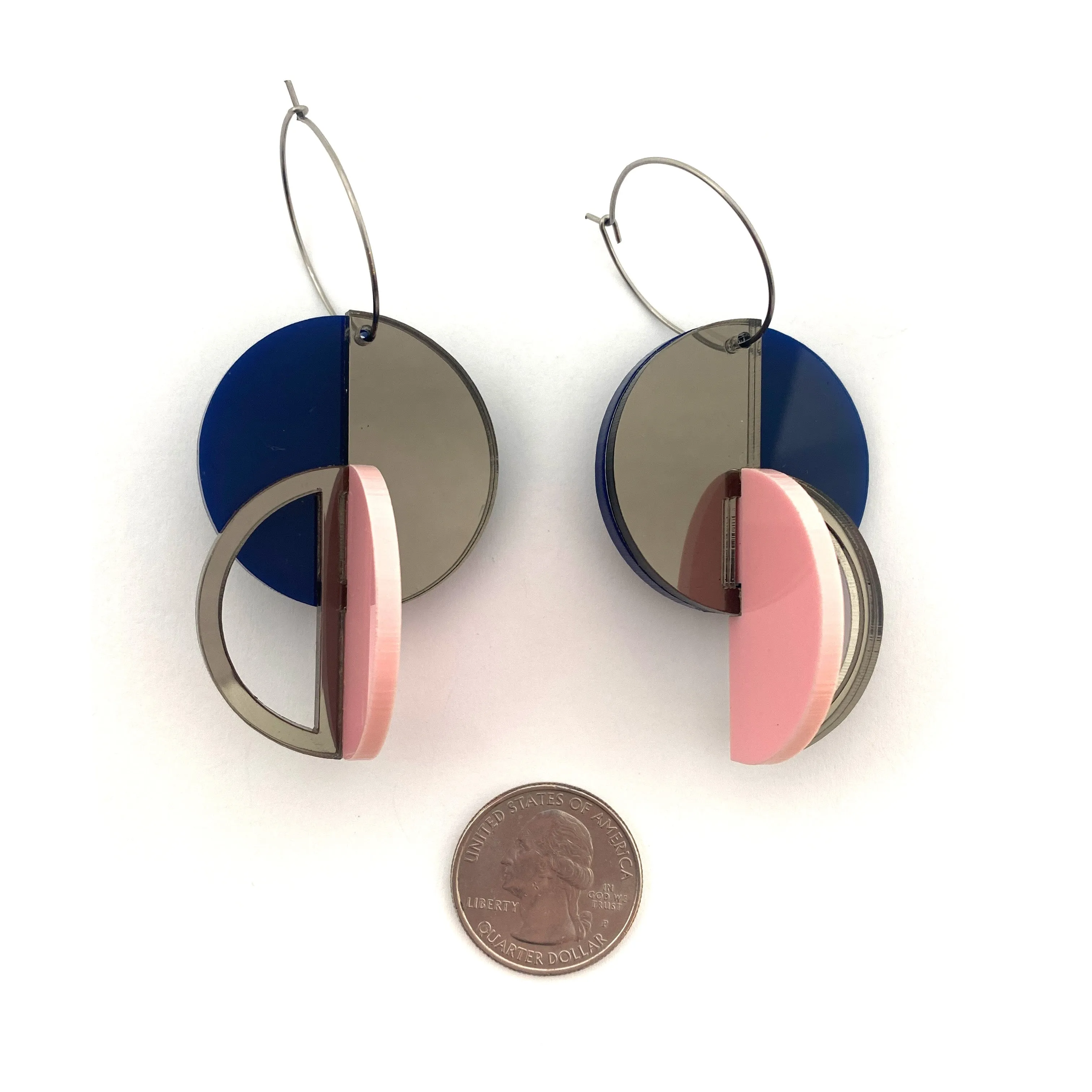 Three Dimensional Blue, Peach & Gray Mirror Earrings