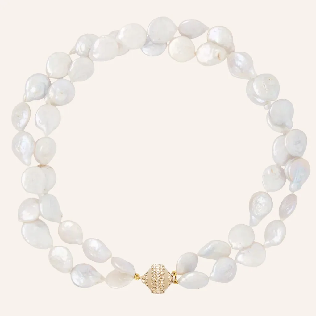 White Freshwater Coin Pearl 14mm Double Strand Necklace