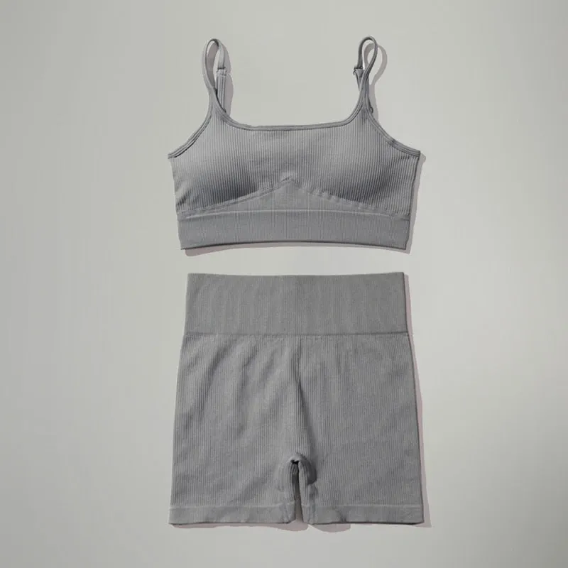 Women's Gray Seamless Sleeveless Bra High Waist Shorts 2pcs Yoga Set